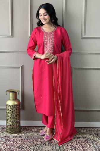 Pink viscose chanderi designer embroidery work ethnic ceremonial salwar kameez