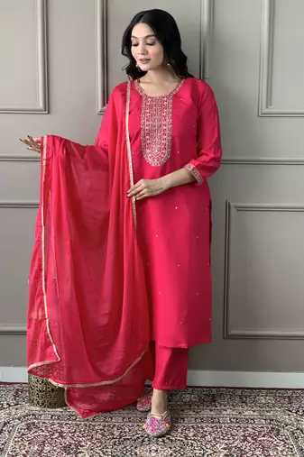 Pink viscosee chanderi embroidery work ethnic ceremonial salwar kameez