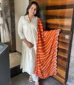 Cream viscosee chanderi embroidery work with printed ethnic ceremonial salwar kameez