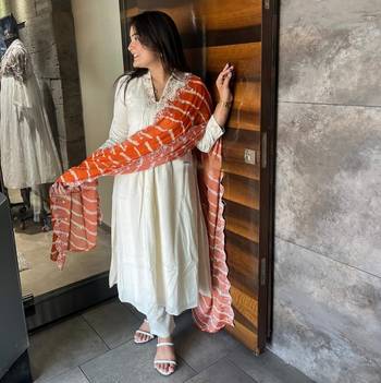 Cream viscosee chanderi embroidery work with printed ethnic ceremonial salwar kameez 4