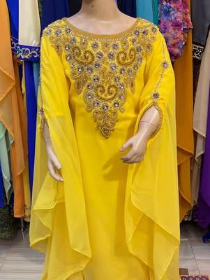 Yellow Kids Girls Kaftan Georgette Embroidered Stone work Stitched Dress Party Wear Wedding Dresses 1