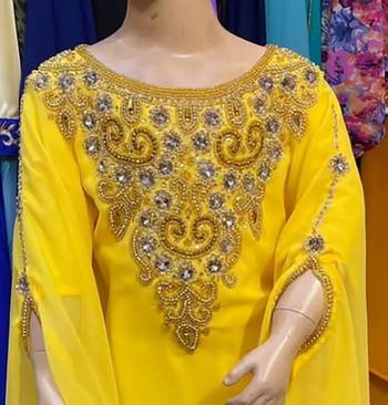 Yellow Kids Girls Kaftan Georgette Embroidered Stone work Stitched Dress Party Wear Wedding Dresses 2