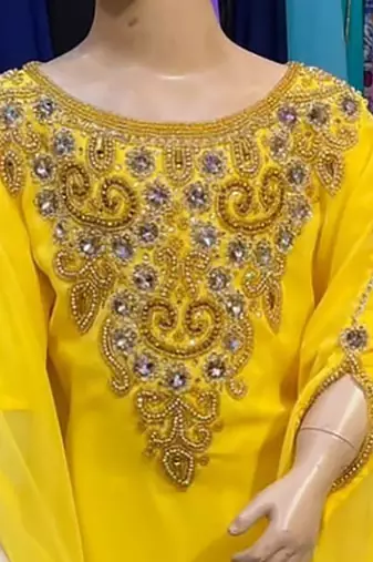 Yellow Kids Girls Kaftan Georgette Embroidered Stone work Stitched Dress Party Wear Wedding Dresses