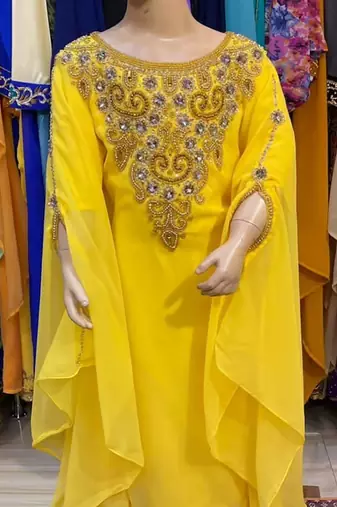 Yellow Kids Girls Kaftan Georgette Embroidered Stone work Stitched Dress Party Wear Wedding Dresses