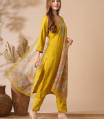 Mustard chanderi designer embroidery work with printed ethnic ceremonial salwar kameez