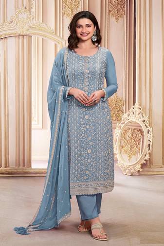 Blue georgette designer embroidery work graceful wedding reception bridesmaid dress