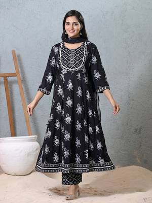 Black rayon beautiful printed readymade suit with light embroidery work 1