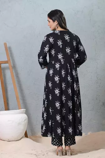 Black rayon beautiful printed readymade suit with light embroidery work