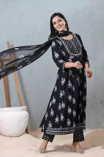 Black rayon beautiful printed readymade suit with light embroidery work
