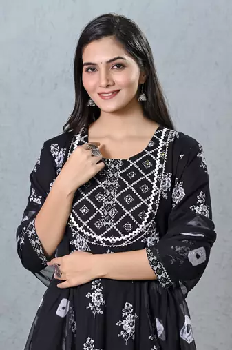 Black rayon beautiful printed readymade suit with light embroidery work