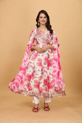 Pink chinon beautiful printed readymade suit with light embroidery work 1