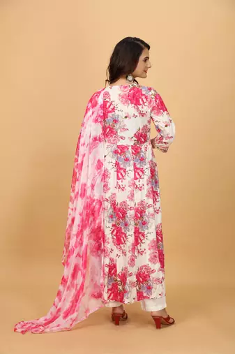 Pink chinon beautiful printed readymade suit with light embroidery work