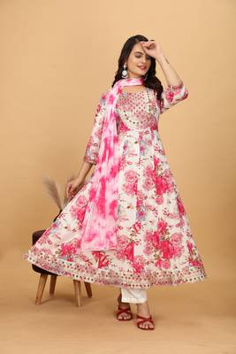 Pink chinon beautiful printed readymade suit with light embroidery work 3