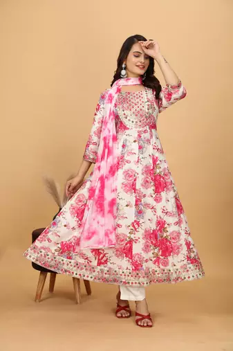 Pink chinon beautiful printed readymade suit with light embroidery work