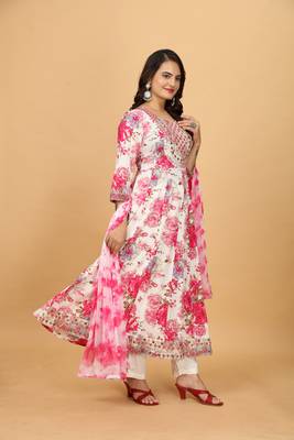 Pink chinon beautiful printed readymade suit with light embroidery work 4