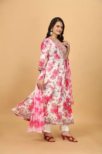 Pink chinon beautiful printed readymade suit with light embroidery work