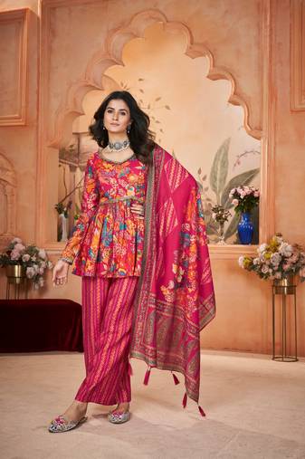 Pink silk fabric designer floral printed palazzo dress for ceremonial looks