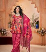 Pink silk fabric designer floral printed palazzo dress for ceremonial looks