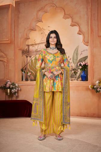 Yellow silk fabric designer floral printed palazzo dress for ceremonial looks