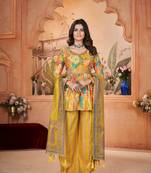 Yellow silk fabric floral printed palazzo dress for ceremonial looks
