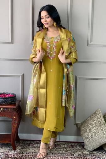 Mustard viscose chanderi designer embroidery work with printed graceful festive wear readymade salwar kameez