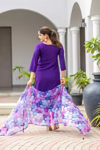 Purple rayon slub embroidery work with printed graceful festive wear readymade salwar kameez