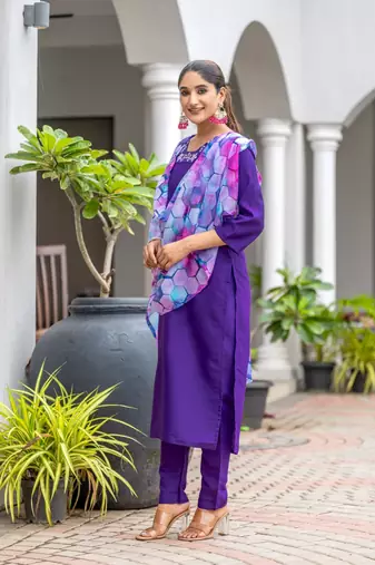 Purple rayon slub embroidery work with printed graceful festive wear readymade salwar kameez