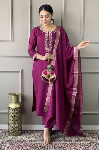 Burgundy viscosee chanderi embroidery work graceful festive wear readymade salwar kameez