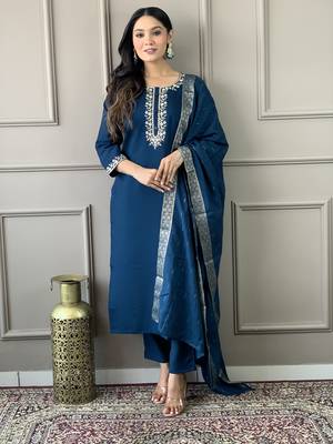Blue viscosee chanderi embroidery work graceful festive wear readymade salwar kameez 1