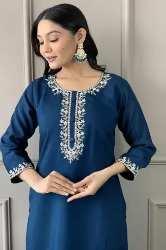 Blue viscosee chanderi embroidery work graceful festive wear readymade salwar kameez