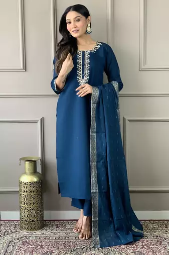 Blue viscosee chanderi embroidery work graceful festive wear readymade salwar kameez