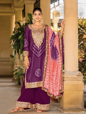 Purple chinon bandhani printed heavy salwar kameez with jari and mirror embroidery work 1