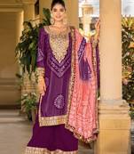Purple chinon bandhani printed heavy salwar kameez with jari and mirror embroidery work