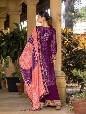 Purple chinon bandhani printed heavy salwar kameez with jari and mirror embroidery work 2