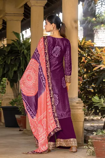 Purple chinon bandhani printed heavy salwar kameez with jari and mirror embroidery work