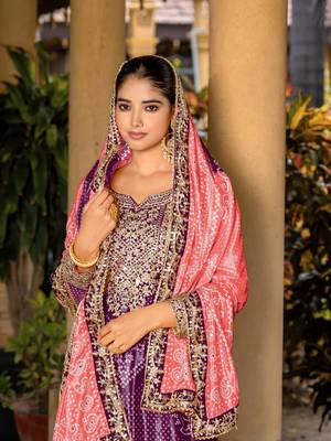 Purple chinon bandhani printed heavy salwar kameez with jari and mirror embroidery work 3