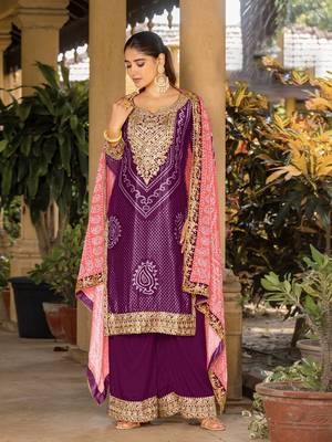 Purple chinon bandhani printed heavy salwar kameez with jari and mirror embroidery work 4