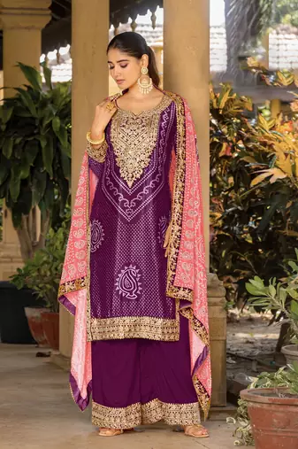 Purple chinon bandhani printed heavy salwar kameez with jari and mirror embroidery work
