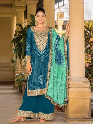 Teal chinon bandhani printed heavy salwar kameez with jari and mirror embroidery work 1