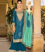 Teal chinon bandhani printed heavy salwar kameez with jari and mirror embroidery work