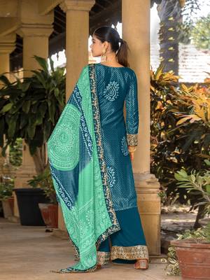 Teal chinon bandhani printed heavy salwar kameez with jari and mirror embroidery work 2