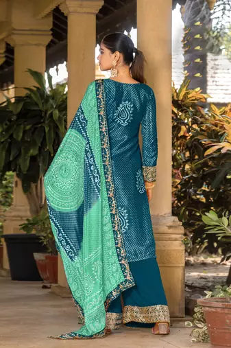 Teal chinon bandhani printed heavy salwar kameez with jari and mirror embroidery work