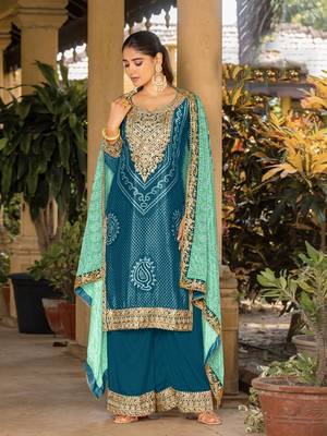Teal chinon bandhani printed heavy salwar kameez with jari and mirror embroidery work 4