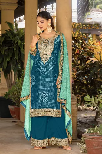 Teal chinon bandhani printed heavy salwar kameez with jari and mirror embroidery work