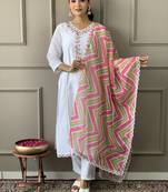 White viscose chanderi designer embroidery work with printed festive wear salwar suit