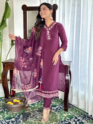 Burgundy chanderi embroidery work with printed festive wear salwar suit 1