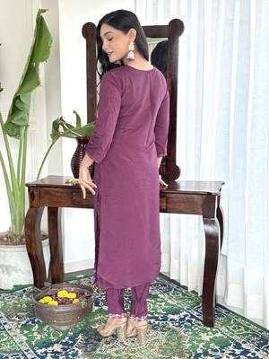 Burgundy chanderi embroidery work with printed festive wear salwar suit 2