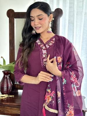 Burgundy chanderi embroidery work with printed festive wear salwar suit 3