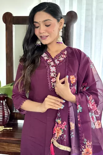 Burgundy chanderi embroidery work with printed festive wear salwar suit