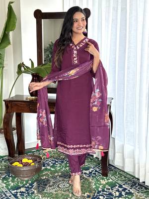 Burgundy chanderi embroidery work with printed festive wear salwar suit 4
